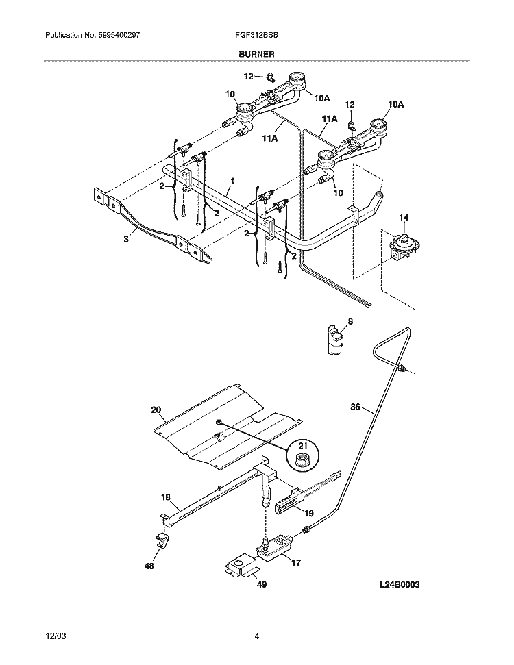BURNER Diagram and Parts List for FGF312BSB  Frigidaire Range
