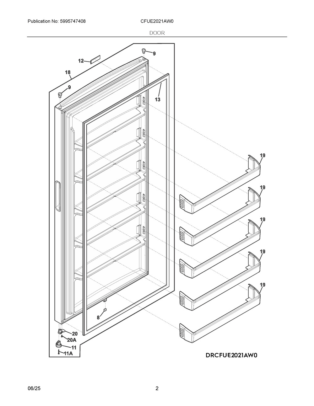 Door Diagram and Parts List for CFUE2021AW0  Frigidaire Freezer