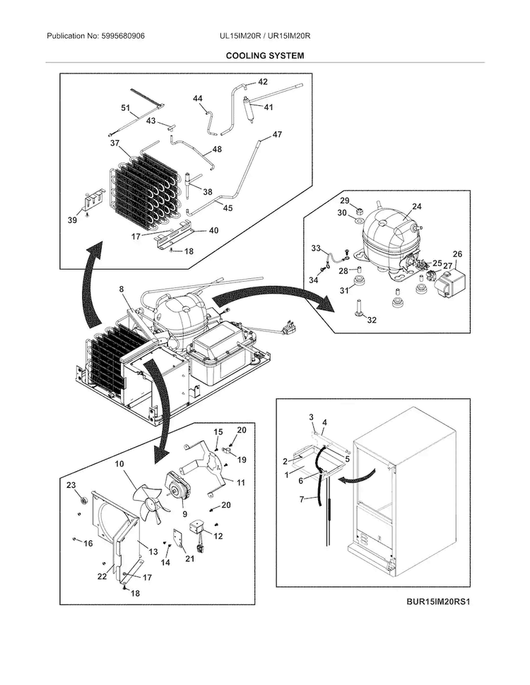 Cooling System Diagram and Parts List for UL15IM20RS1  Electrolux Ice Maker