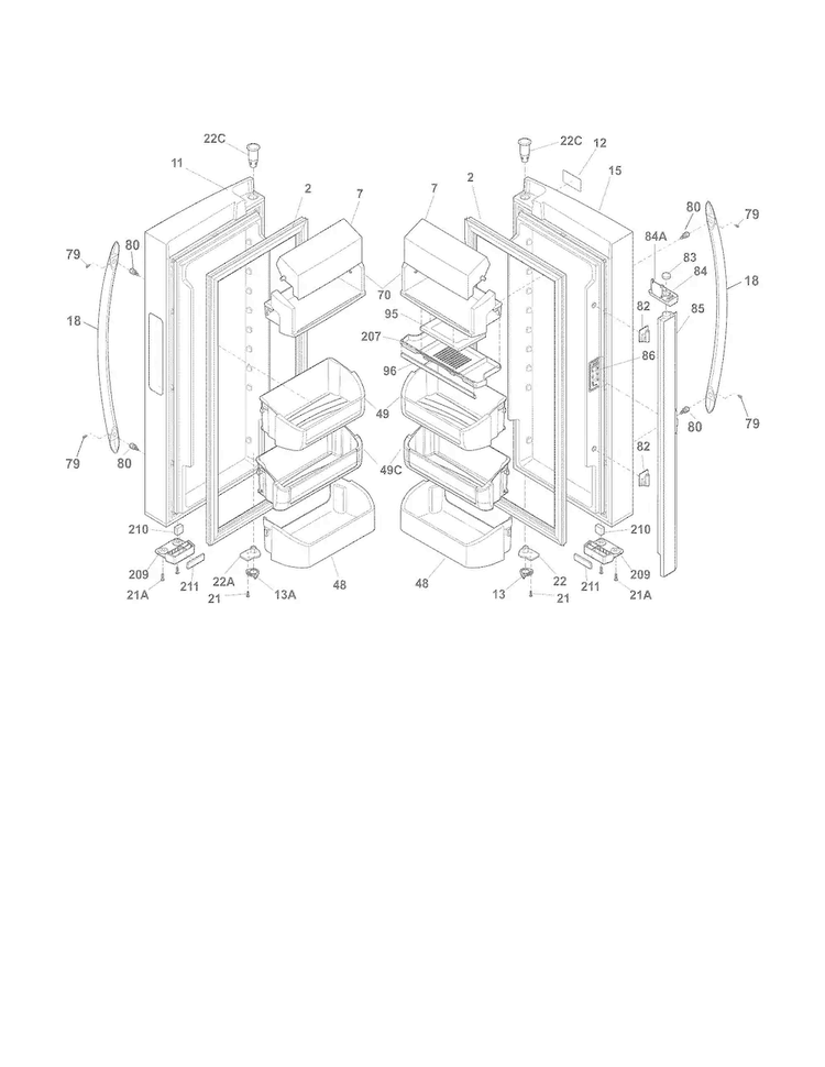 Fresh Food Doors Diagram and Parts List for FGHG2366PF0  Frigidaire Refrigerator