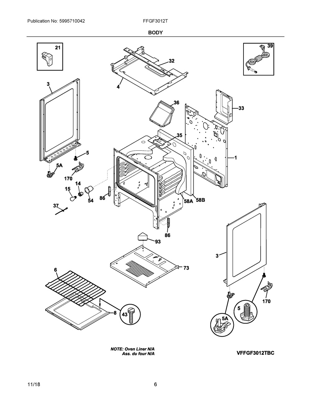 Body Diagram and Parts List for FFGF3012TWC  Frigidaire Range