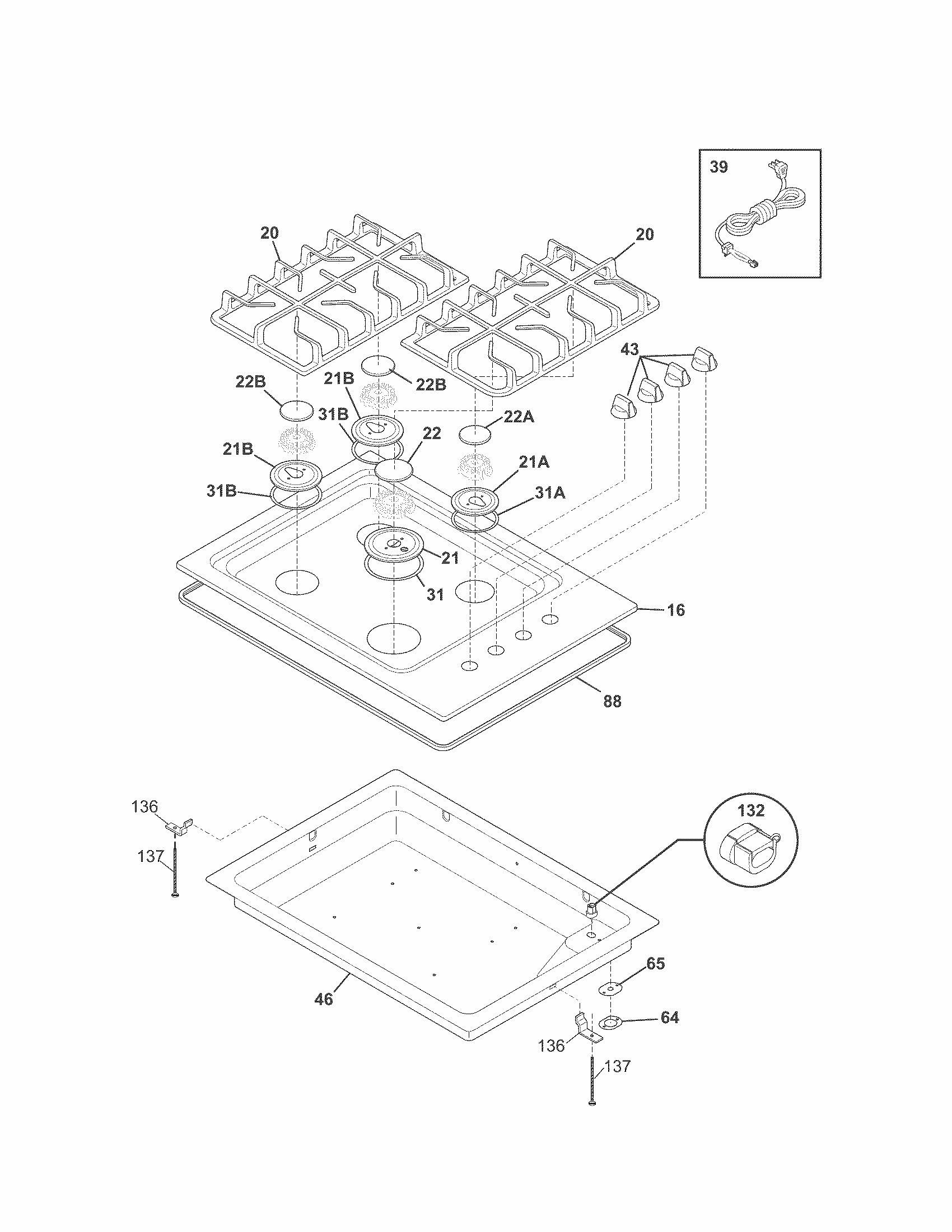 Main Top Diagram and Parts List for 79032423901  Kenmore Cooktop