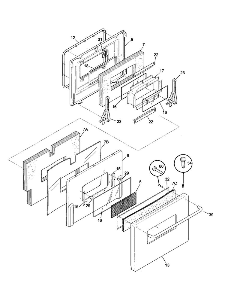 Door Diagram and Parts List for 74403  Frigidaire Range