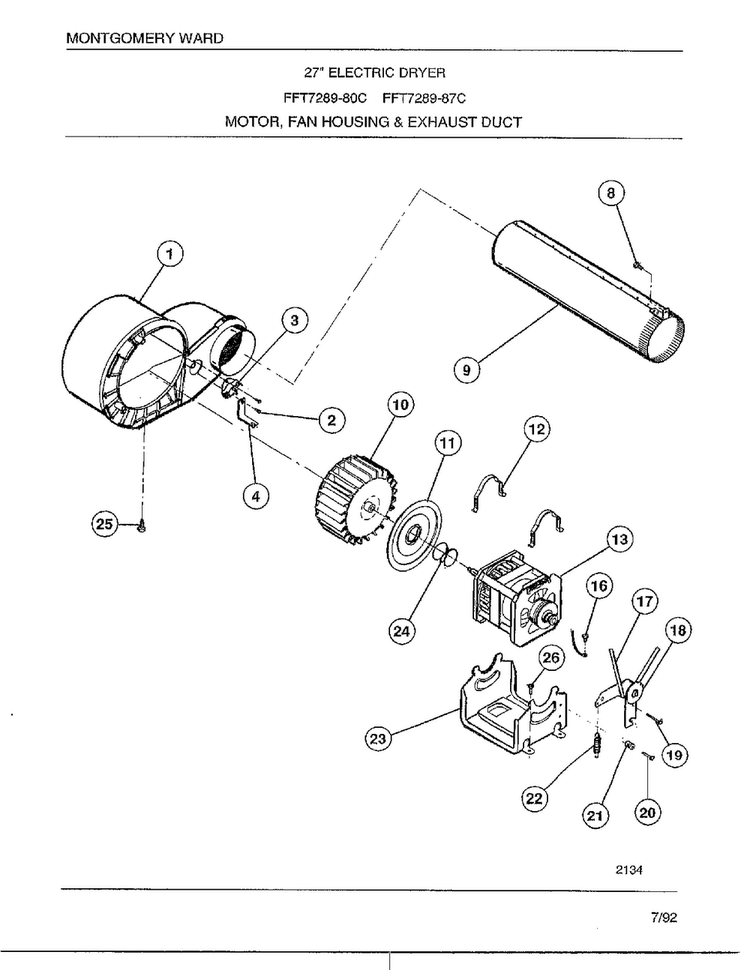 Motor, Fan Housing & Exhaust Duct Diagram and Parts List for 7289-87C  Frigidaire Dryer