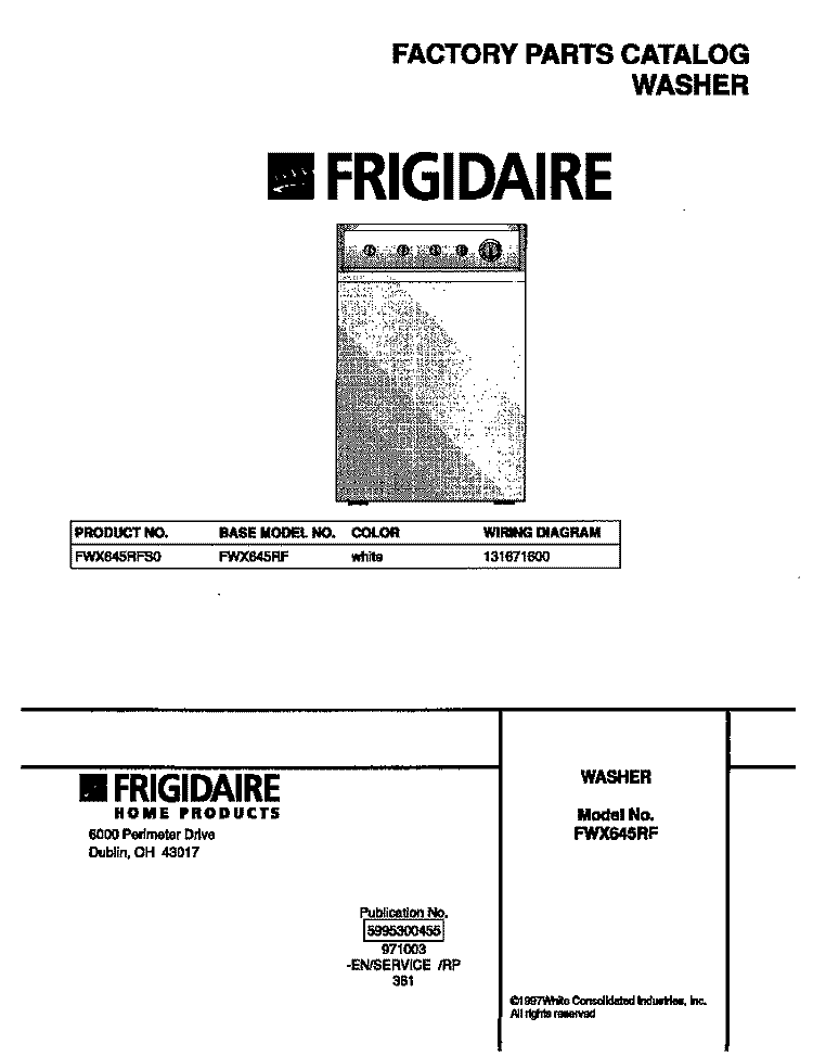COVER Diagram and Parts List for FWX645RFS0  Frigidaire Washer