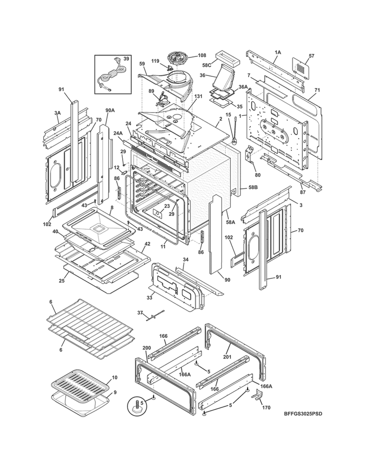 Body Diagram and Parts List for FFGS3025PBE  Frigidaire Range
