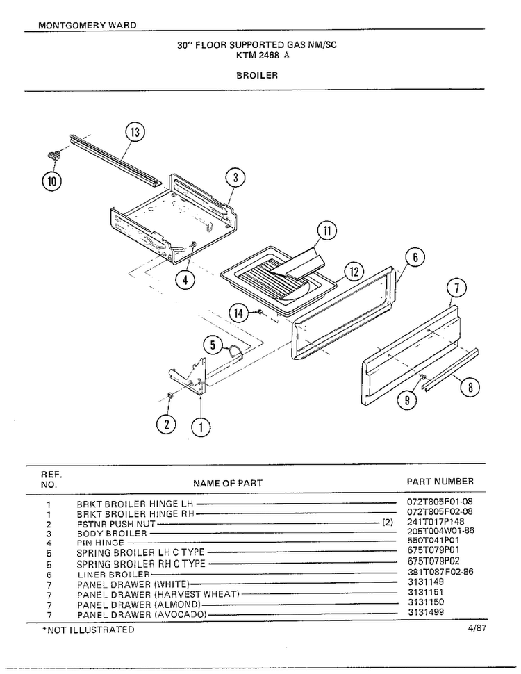 30` Floor/broiler Diagram and Parts List for 2468A  Frigidaire Range
