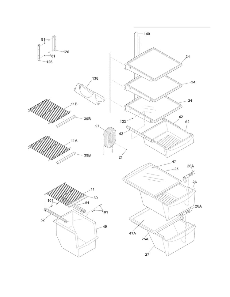 Shelves Diagram and Parts List for FRS6HR45KS7  Frigidaire Refrigerator