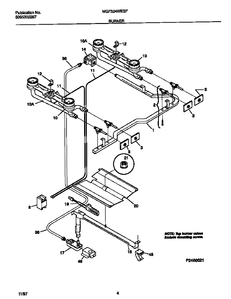 BURNER Diagram and Parts List for MGF324WESF  Frigidaire Range