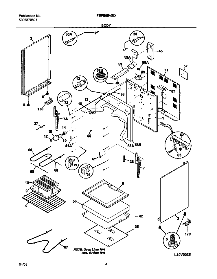 BODY Diagram and Parts List for FEFB65ASD  Frigidaire Range