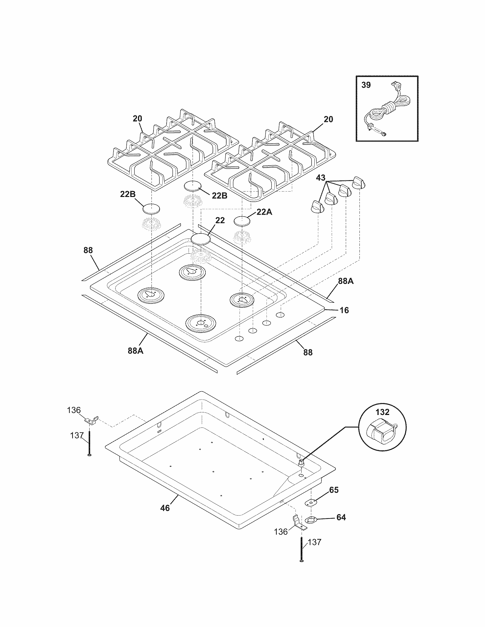 Maintop Diagram and Parts List for 79032422900  Kenmore Cooktop