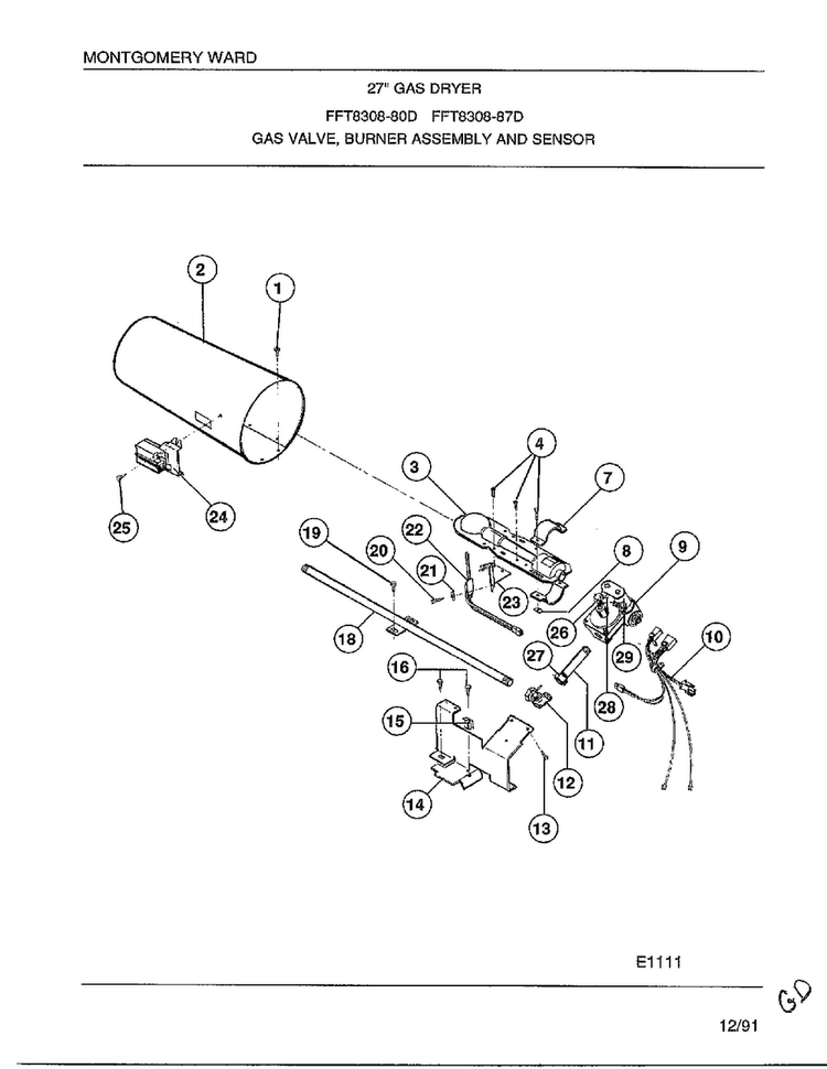 Gas Dryer-gas Valve-burner Assembly Diagram and Parts List for 8308-80D  Frigidaire Dryer
