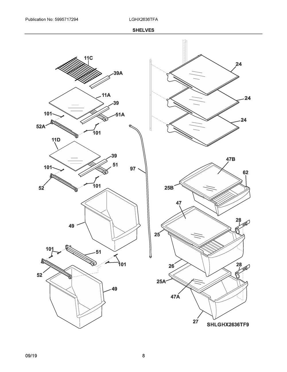 Shelves Diagram and Parts List for LGHX2636TFA  Frigidaire Refrigerator