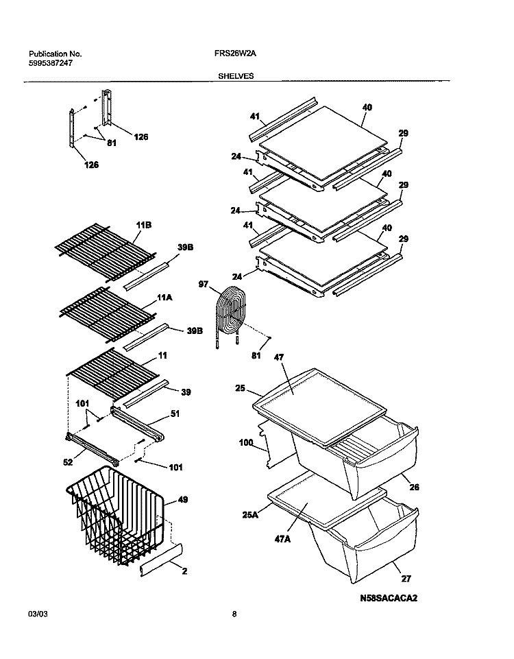SHELVES Diagram and Parts List for FRS26W2AW6  Frigidaire Refrigerator