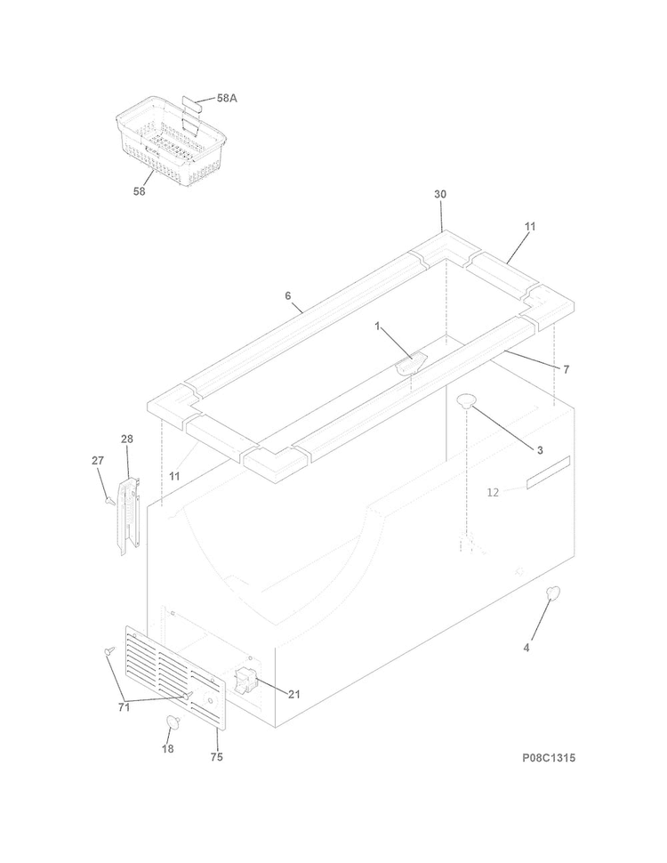 Cabinet Diagram and Parts List for FFFC18M4RWA  Frigidaire Freezer
