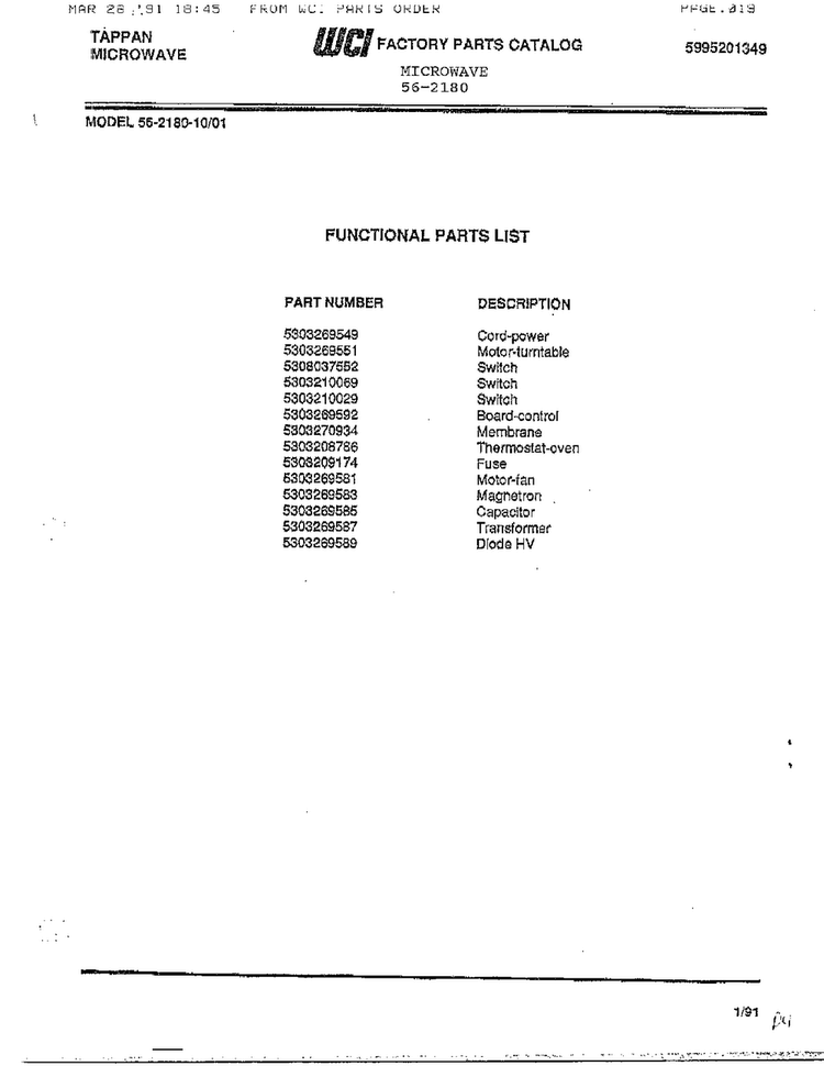 Functional Parts List Diagram and Parts List for 56-2180  Frigidaire Microwave