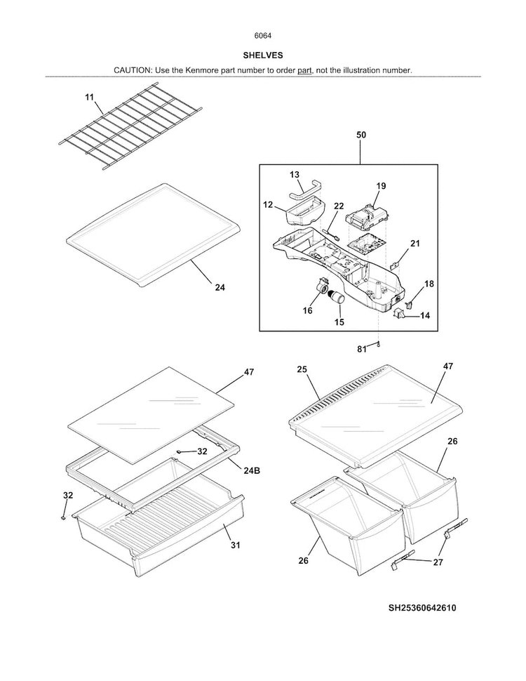 Shelves Diagram and Parts List for 25360643610  Kenmore Refrigerator