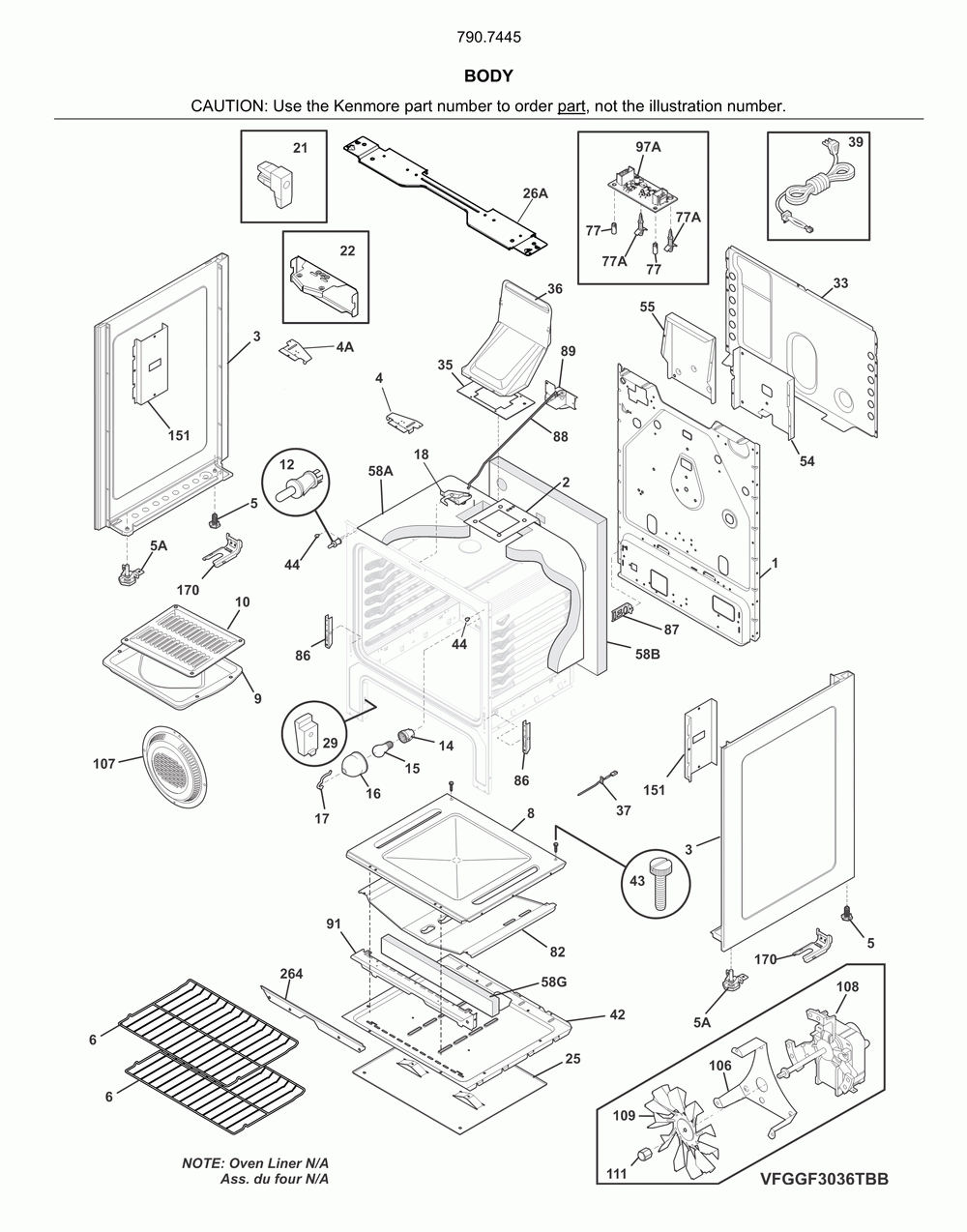 Body Diagram and Parts List for 79074459810  Kenmore Range