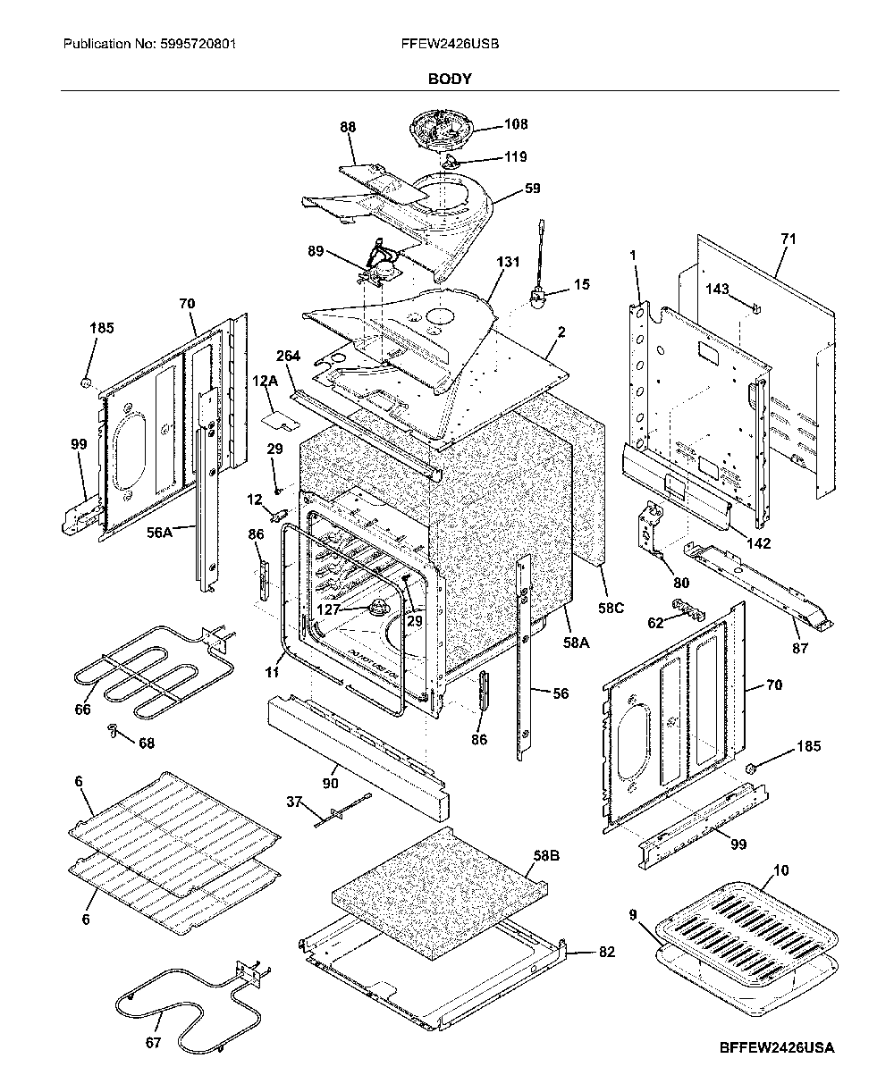 Body Diagram and Parts List for FFEW2426USB  Frigidaire Wall Oven