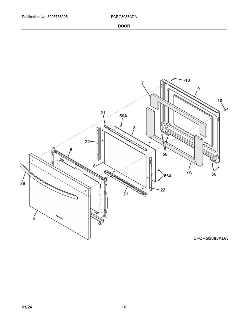 Door Diagram and Parts List for FCRG3083ADA  Frigidaire Range