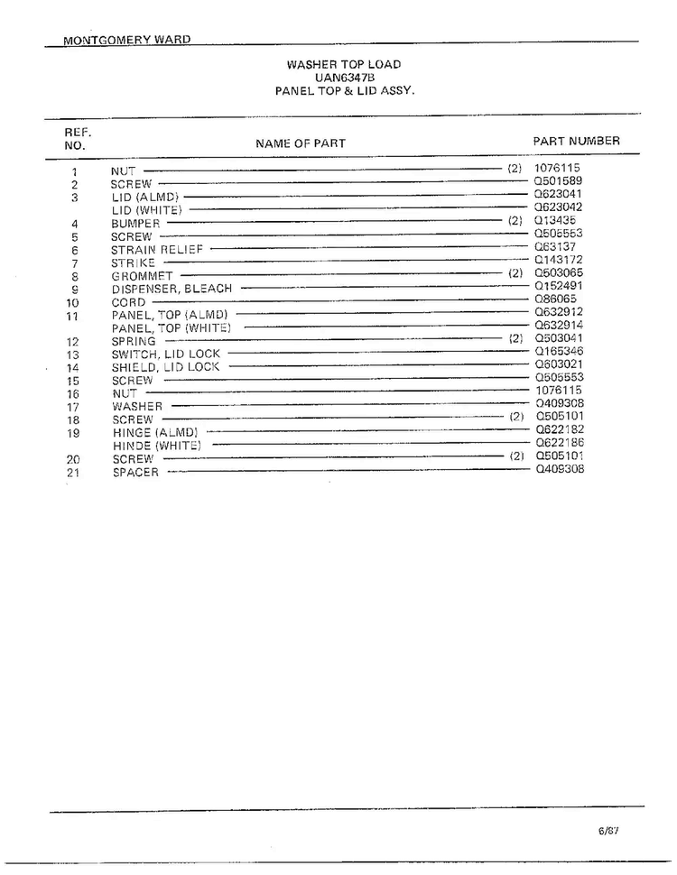Panel Top And Lid Assy Page 2 Diagram and Parts List for 6347B  Frigidaire Washer