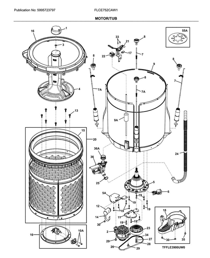 Motor/Tub Diagram and Parts List for FLCE752CAW1  Frigidaire Washer Dryer Combo