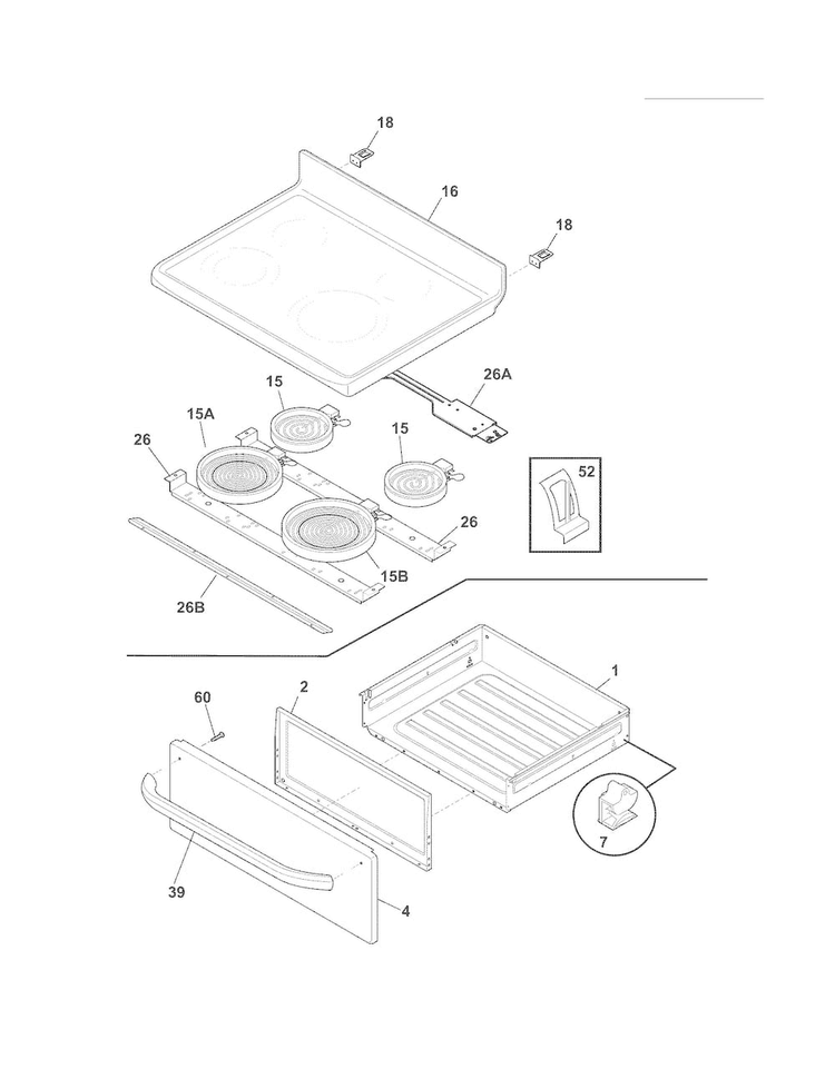 Top/drawer Diagram and Parts List for FFEF3043LSK  Frigidaire Range