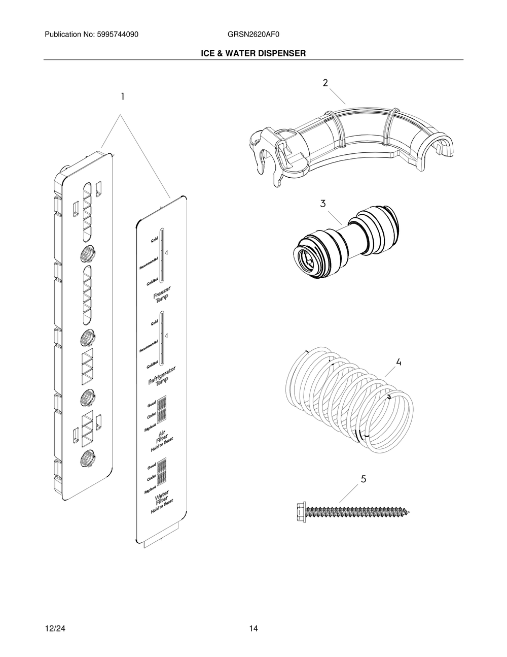 Ice And Water Dispenser Diagram and Parts List for GRSN2620AF0  Frigidaire Refrigerator