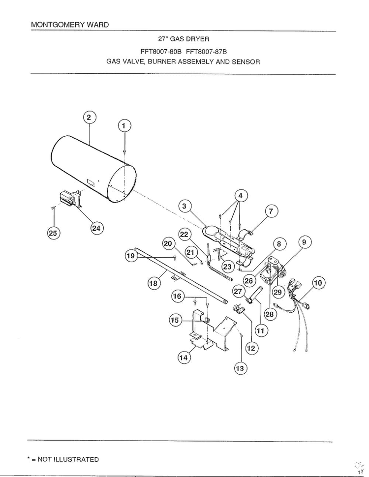 Gas Valve/burner Assembly And Sensor Diagram and Parts List for 8007B  Frigidaire Dryer