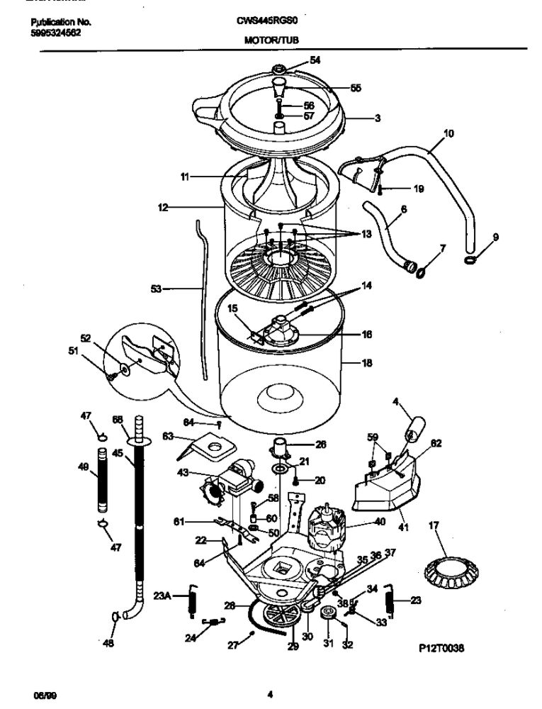 Washer Mtr, Hose Diagram and Parts List for CWS445RGS0  Gibson Washer