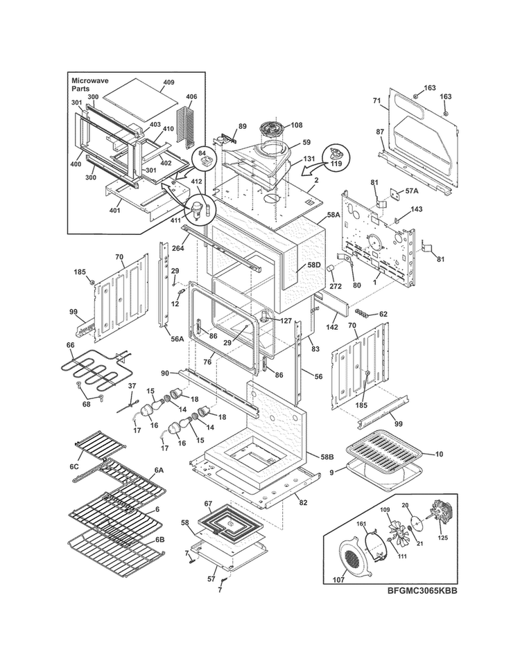 Lower Oven Diagram and Parts List for FGMC3065KBB  Frigidaire Microwave Oven Combo