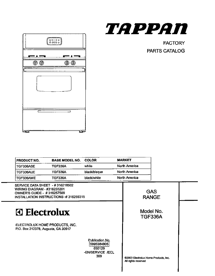 COVER Diagram and Parts List for TGF336AWE  Tappan Range