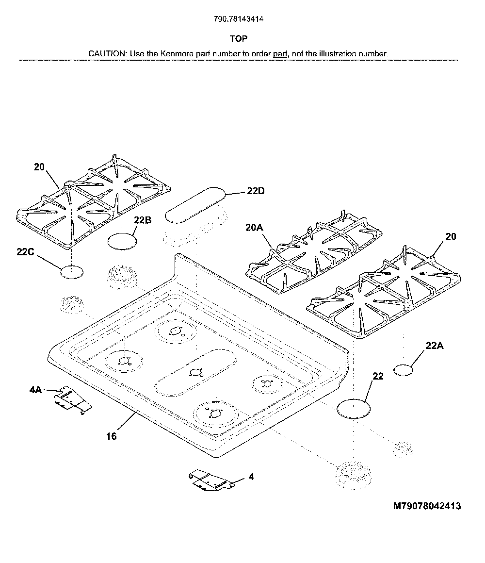 Top Diagram and Parts List for 79078143414  Kenmore Range