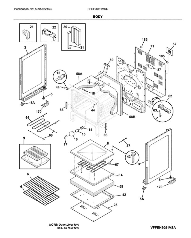 Body Diagram and Parts List for FFEH3051VSC  Frigidaire Range