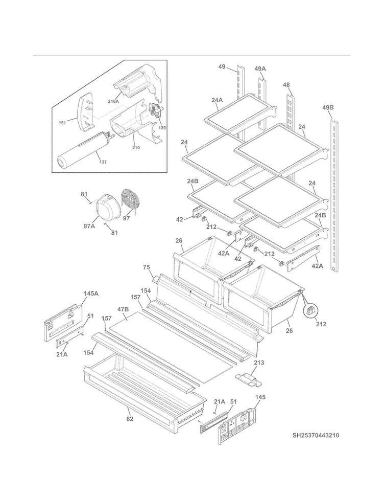 Shelves Diagram and Parts List for 25370443411  Kenmore Refrigerator