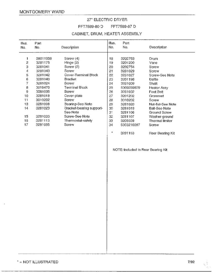 Cabinet/drum/heater Assembly Page 2 Diagram and Parts List for 7589-87D  Frigidaire Dryer