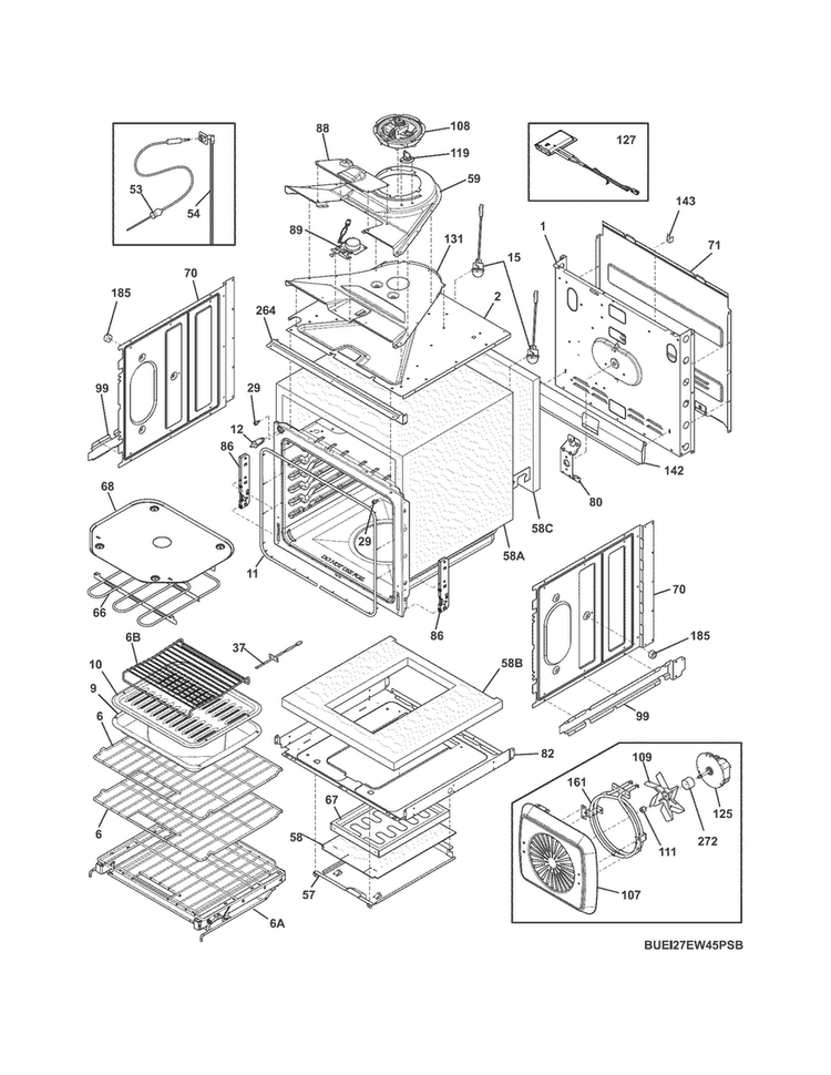 Upper Oven Diagram and Parts List for EI27EW45PSB  Electrolux Wall Oven
