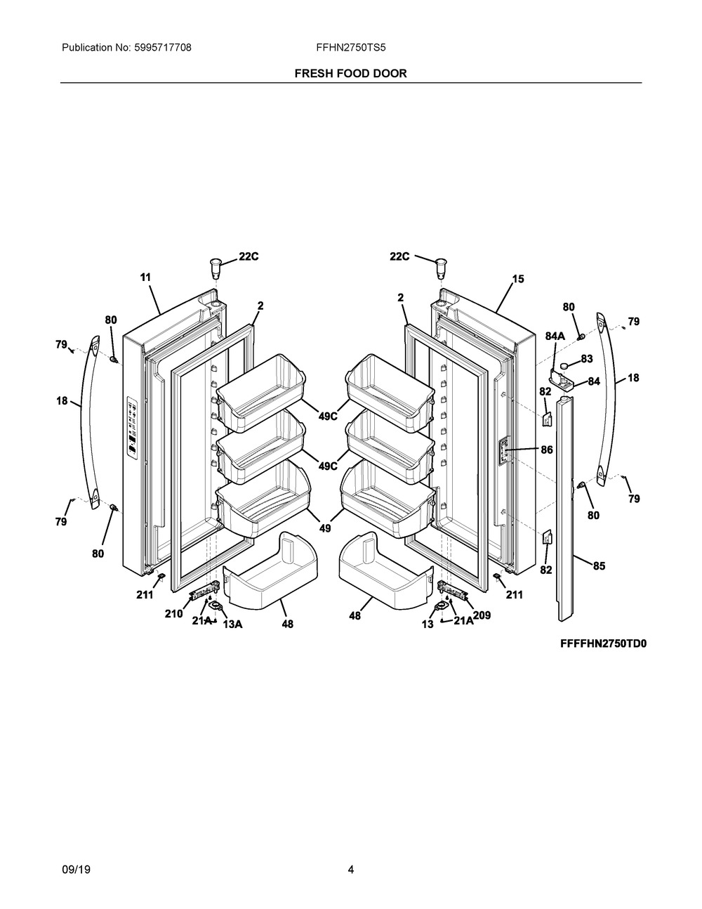 Fresh Food Door Diagram and Parts List for FFHN2750TS5  Frigidaire Refrigerator