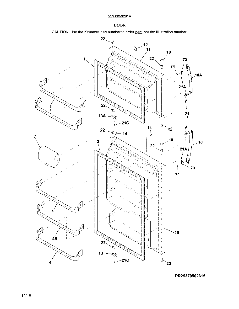 Doors Diagram and Parts List for 2536050261A  Kenmore Refrigerator