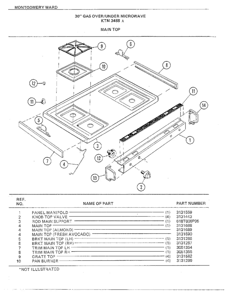 30" Gas Over/under Main Top Diagram and Parts List for 3488A  Frigidaire Range