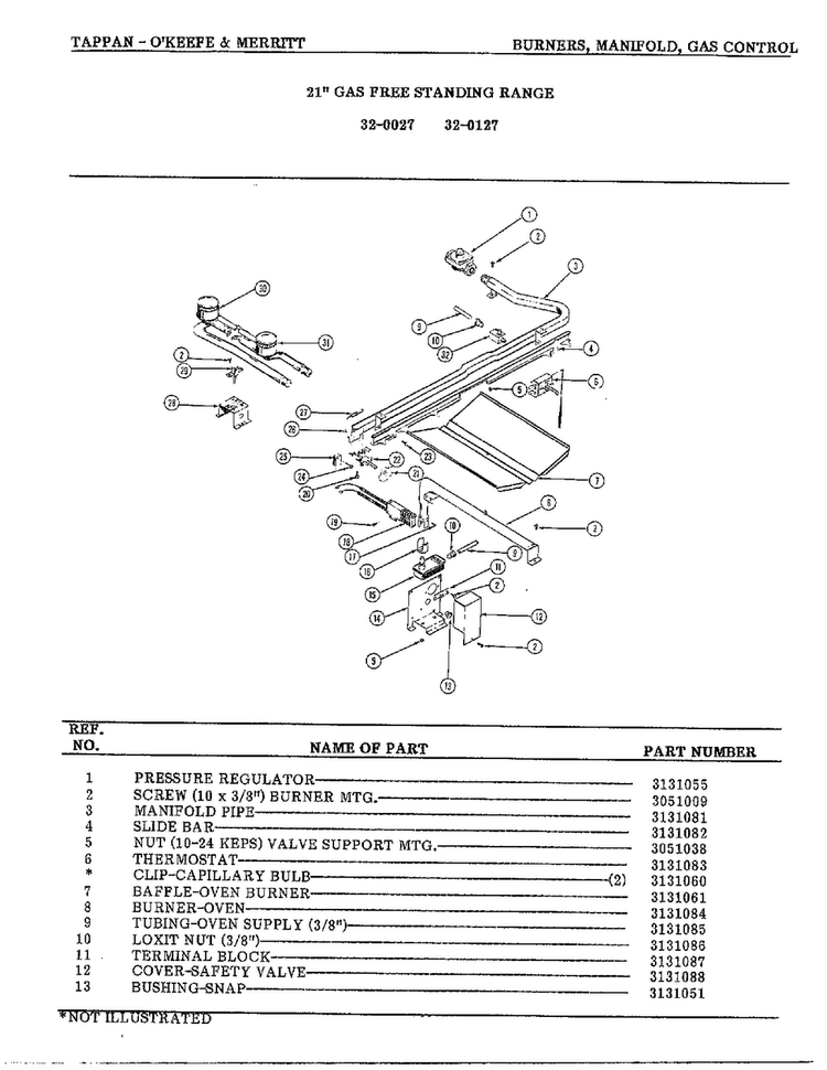 Burners, Manifold, Gas Control Page 3 Diagram and Parts List for 32-0127  Frigidaire Range