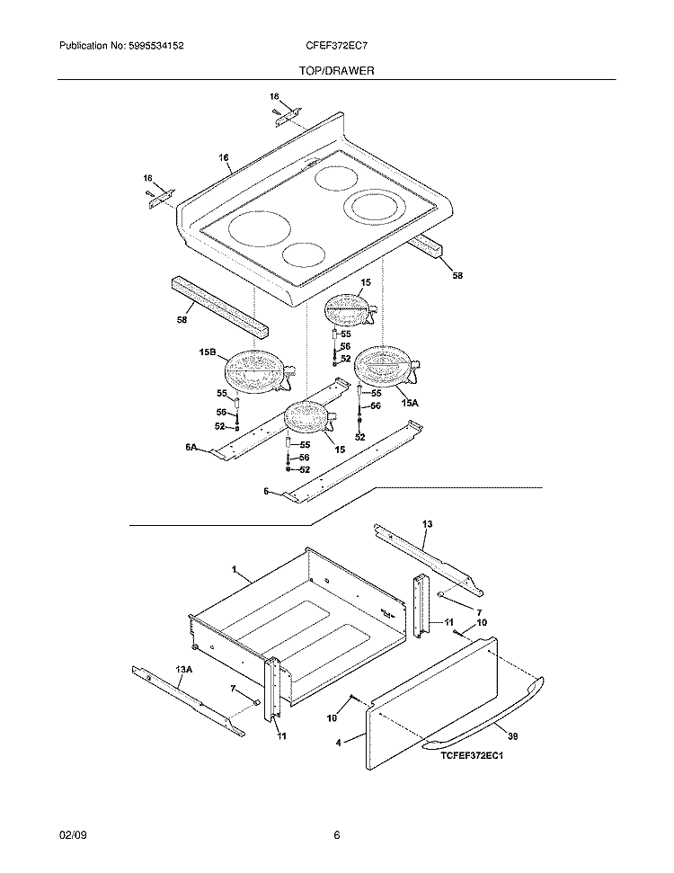 TOP/DRAWER Diagram and Parts List for CFEF372EC7  Frigidaire Range