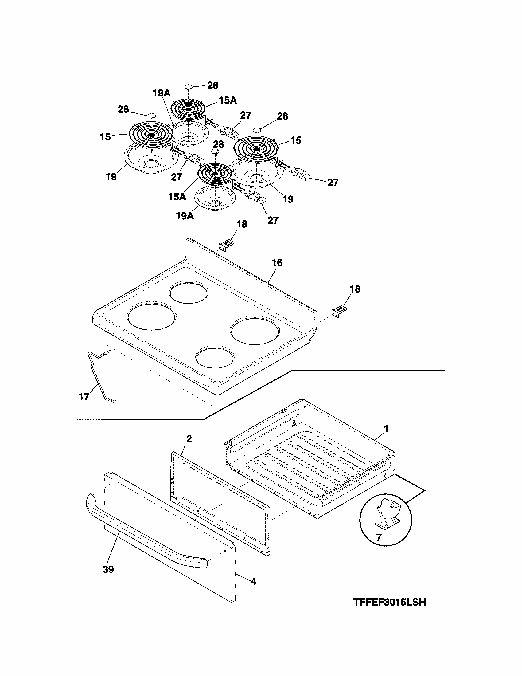 Top/drawer Diagram and Parts List for 79093003311  Kenmore Range