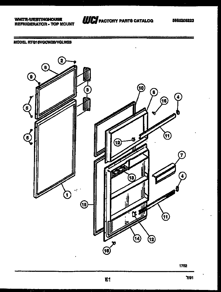 DOOR PARTS Diagram and Parts List for RTG15VGLH2B  Frigidaire Refrigerator