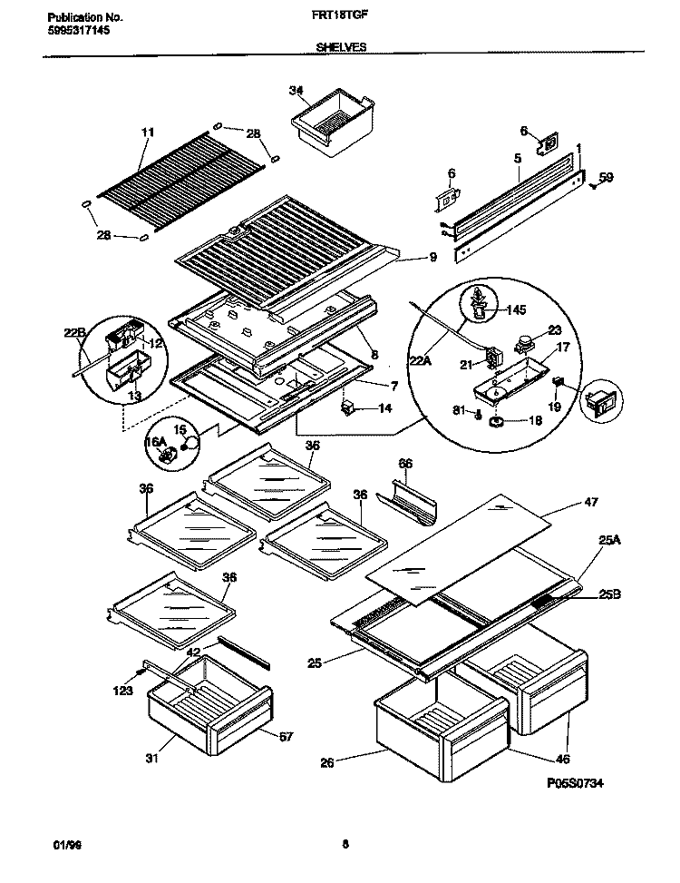 SHELVES Diagram and Parts List for FRT18TGFD1  Frigidaire Refrigerator
