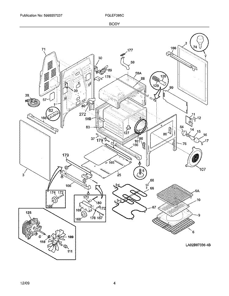 BODY Diagram and Parts List for PGLEF385CB3  Frigidaire Range