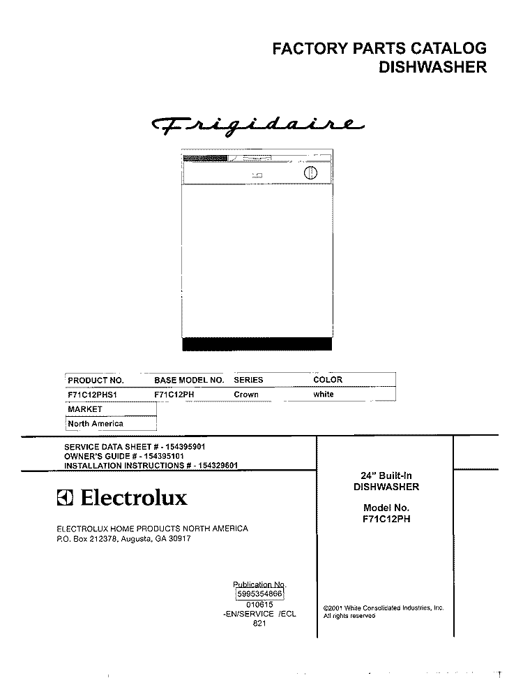 COVER Diagram and Parts List for F71C12PHS1  Frigidaire Dishwasher