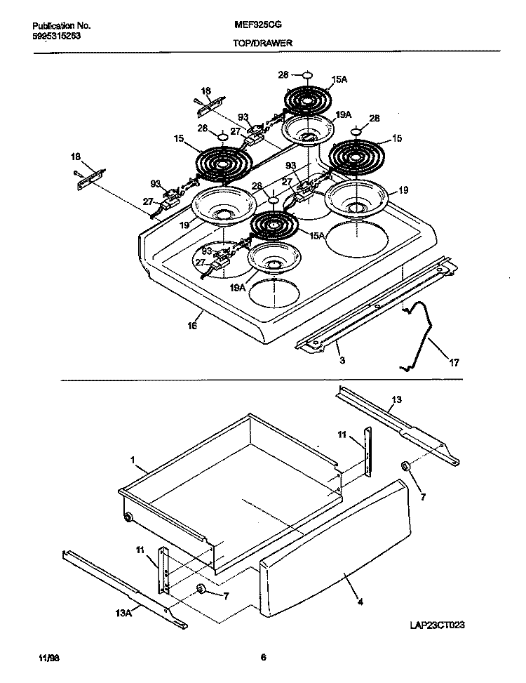 TOP / DRAWER Diagram and Parts List for MEF325CGS4  Frigidaire Range