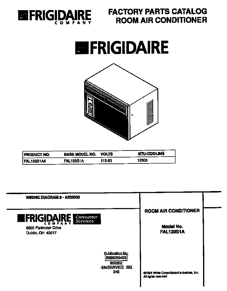 COVER Diagram and Parts List for FAL123S1A6  Frigidaire Air Conditioner