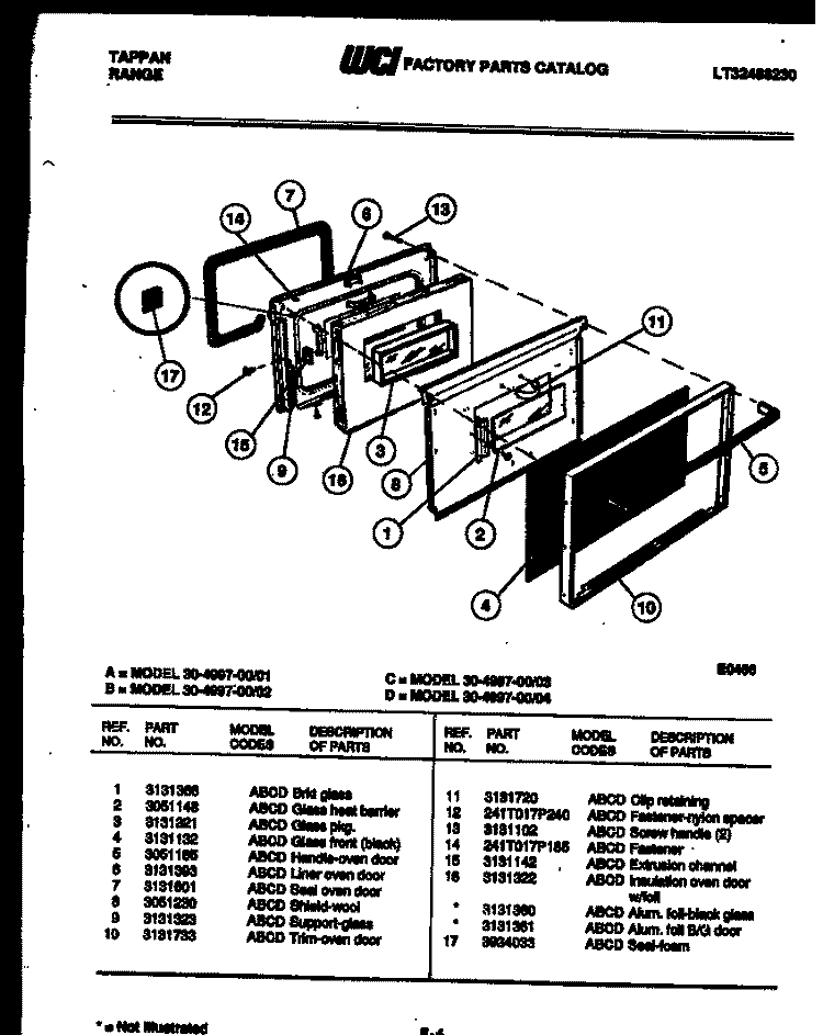 DOOR PARTS Diagram and Parts List for 30-4997-23-03  Tappan Range